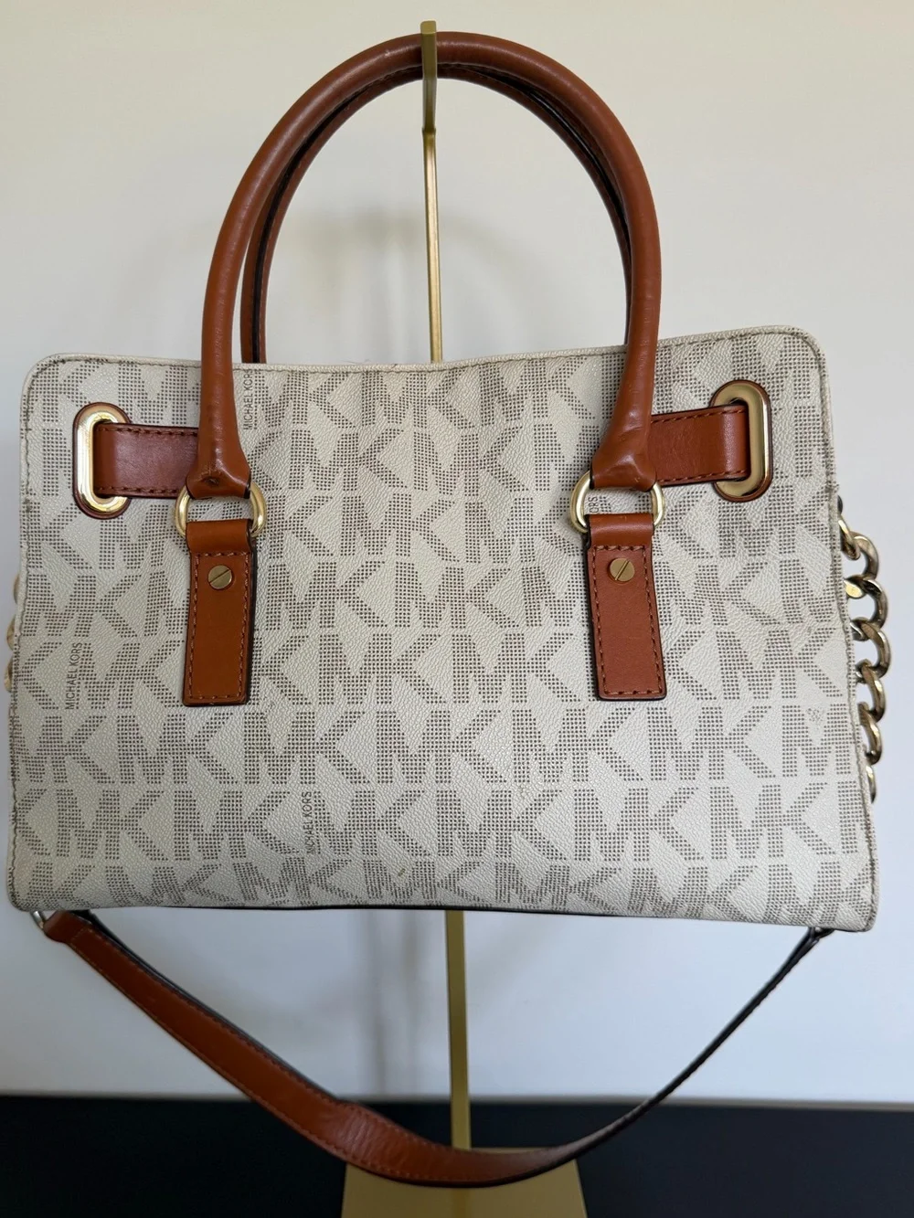 Michael Kors Hamilton Signature MK Logo Lock Satchel Vanilla Brown Leather